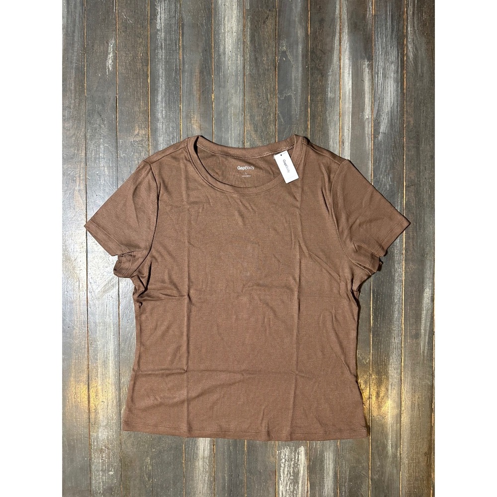 GapBody Women Brown Ribbed Short Sleeve Crew Neck T-Shirt